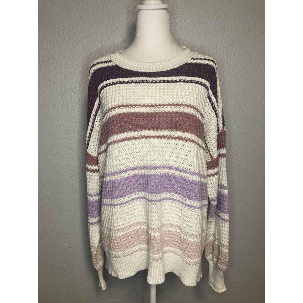 Aeropostale Oversized Sweater Coquette S Pullover Cream Purple Waffle Knit Comfy - Picture 2 of 9